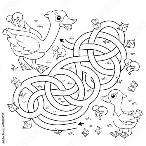Maze or Labyrinth Game. Puzzle. Tangled road. Coloring Page Outline Of cartoon goose with gosling. Farm animals. Coloring book for kids.