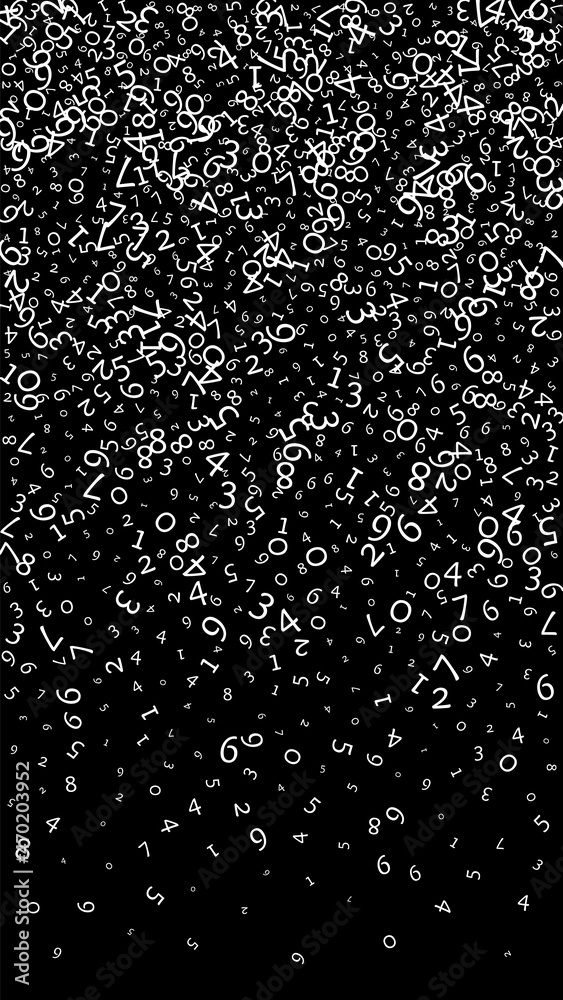 Falling numbers, big data concept. Binary white messy flying digits. Rare futuristic banner on black background. Digital vector illustration with falling numbers.