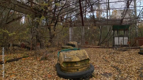 Close up view of bumper cars Decayed Autodrome in ghost town Pripyat in radioactive chernobyl exclusion zone
