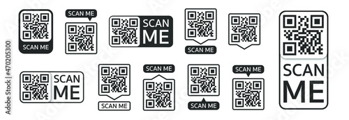 QR code set. Template of frames with text - scan me and QR code for smartphone, mobile app, payment and discounts. Quick Response codes. Vector illustration