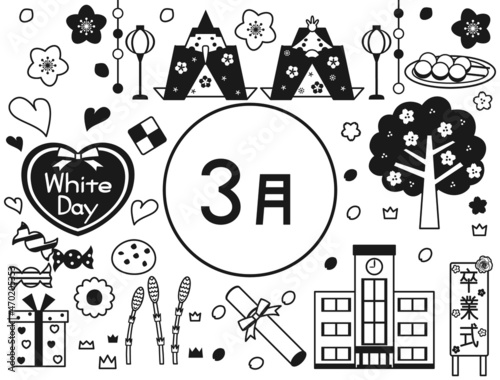 3月のモノクロのイラストセット