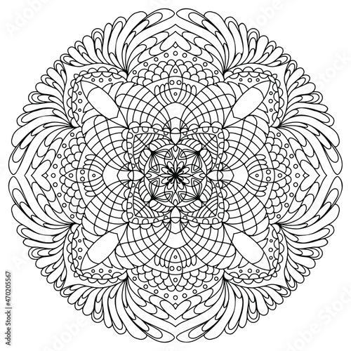 Mandala drawing vector element. Coloring page, coloring book for kids and adults. Background with space for text. Outline floral round ornament. Line Illustration for printing on paper or fabric.
