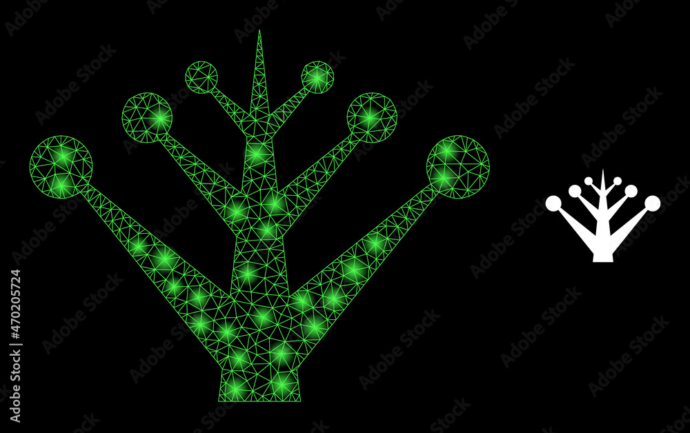 Glossy polygonal mesh web garden tree icon with glow effect on a black background. Constellation garden tree iconic vector with illuminated points in stardust colors. Glossy polygonal mesh web garden tree icon with glow effect on a black background. Constellation garden tree iconic vector with illuminated points in stardust colors.
