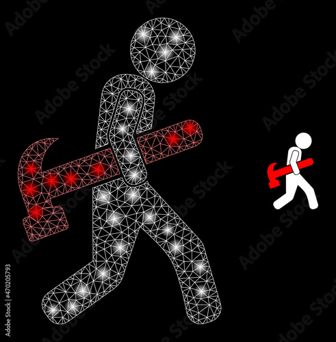 Glossy polygonal mesh net hammer robber icon with glitter effect on a black background. Wire frame hammer robber iconic vector with shiny spheres in vibrant colors.