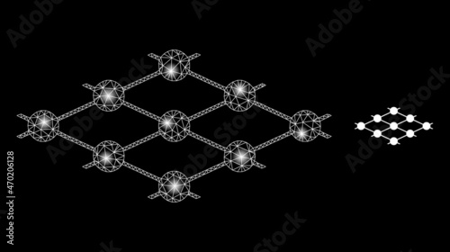 Glossy polygonal mesh web grid layer nodes icon with glare effect on a black background. Constellation grid layer nodes iconic vector with glowing points in magic colors.