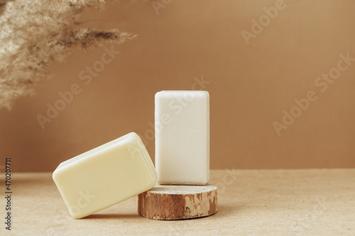 Bars of soap made from natural raw materials beige background. Organic cosmetics Spa health concept natural cosmetics