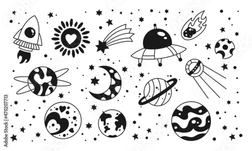 Space doodle sketch set with planets, rocket, spaceship, ufo, comet and stars. Astronomical hand drawn doodle night sky children spacecraft. Retro astronomy celestial bodies vector illustration