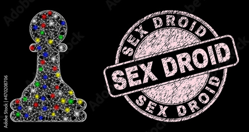 Glossy crossing net mesh chess pawn icon with glow effect on a black background, and Sex Droid dirty seal print. Pink stamp seal includes Sex Droid caption inside round form.
