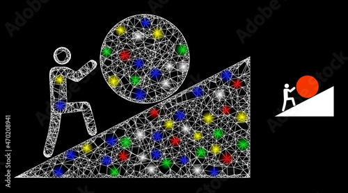 Glossy hatched mesh man rolling sphere up icon with glare effect on a black background. Bright colorful vector mesh is created from man rolling sphere up icon, with white mesh and glitter light spots.