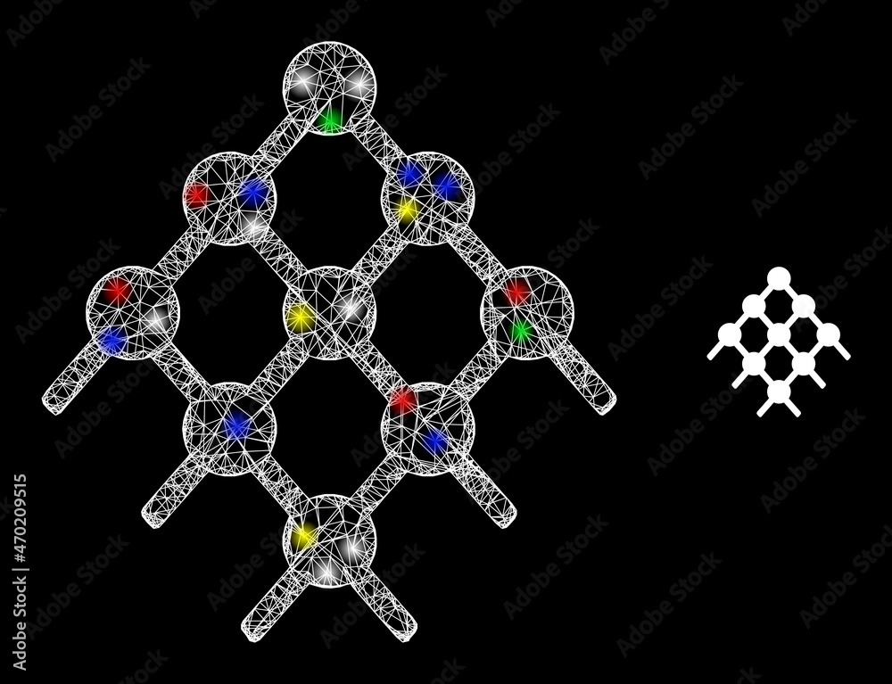 Glossy crossing net mesh grid dots icon with glitter effect on a dark background. Light colored vector model created from grid dots icon, with white mesh and multicolored light dots. Glossy crossing net mesh grid dots icon with glitter effect on a dark background. Light colored vector model created from grid dots icon, with white mesh and multicolored light dots.