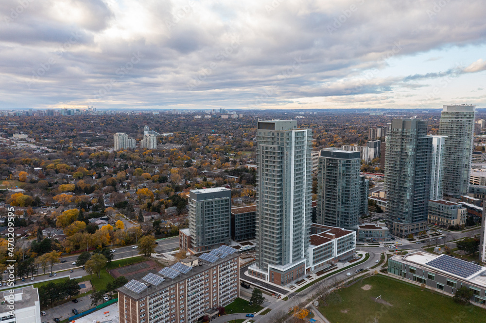 Fototapeta premium drone view of apartment buildings by parkway Forrest Fairview mall the don valley parkway highway and the 401 highway 