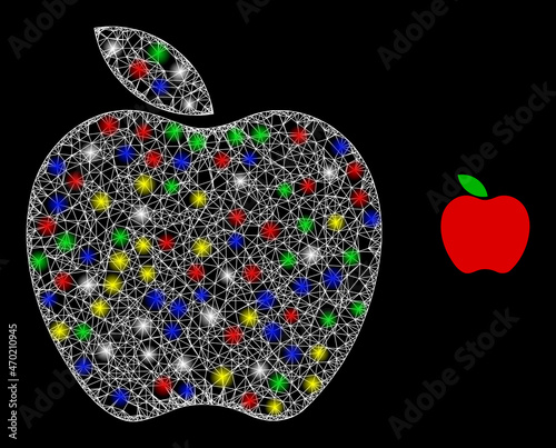 Glossy irregular net mesh apple icon with glitter effect on a dark background. Illuminated multi colored vector mesh created from apple icon, with white mesh and glitter lightspots.