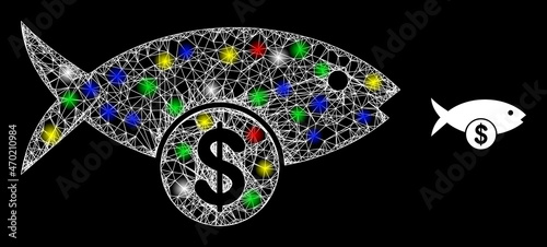 Glossy intersected net mesh fish price icon with glare effect on a black background. Light colorful vector constellation created from fish price icon, with white mesh and multicolored light dots.