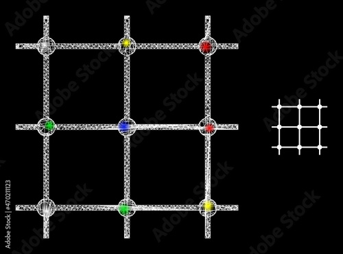 Glossy hatched net mesh grid icon with glitter effect on a dark background. Bright multi colored vector mesh created from grid symbol, with white mesh and bright lightspots. Glowing carcass mesh grid.