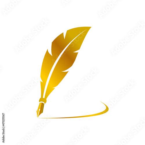 Luxury golden classic feather pen vector logo concept