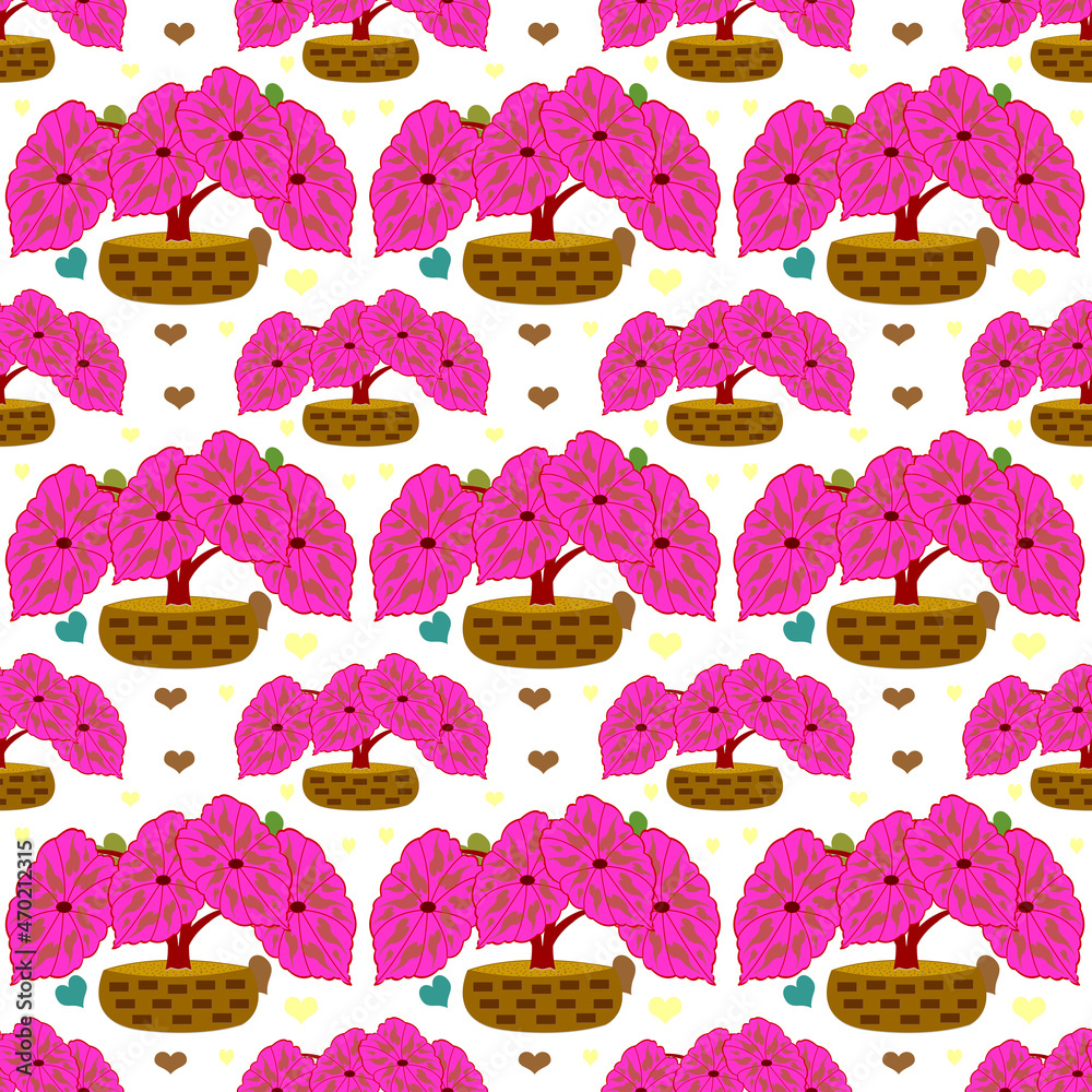 Seamless potted plants, pink Caladium pattern in brown pots, for fabric and cute products, white background. Seamless potted plants, pink Caladium pattern in brown pots, for fabric and cute products, white background.