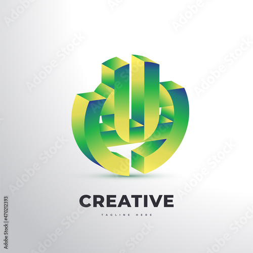 3D Initial Letter U and M Logo Design in Green and Yellow Gradient. UM or MU Monogram Logo or Icon