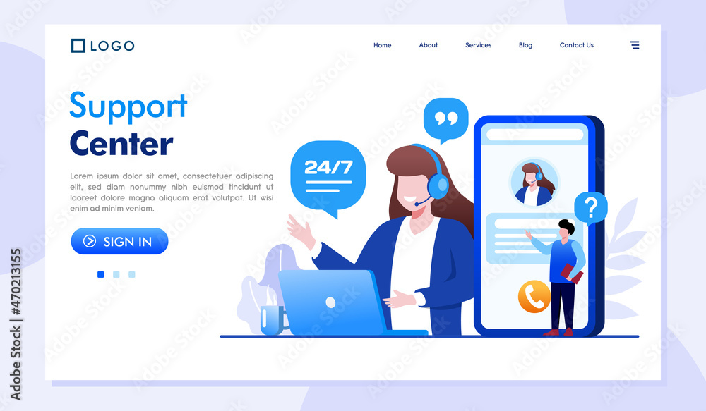 Contact us and support center landing page website illustration vector Contact us and support center landing page website illustration vector