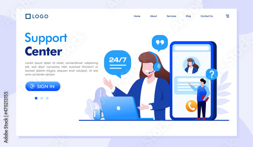 Contact us and support center landing page website illustration vector 