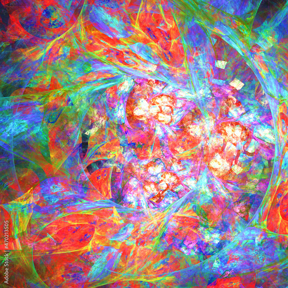 Creación de arte digital fractal compuesto de líneas y curvas irregulares en colores vivos mostrando lo que parece la formación de planeta con energía luminosa.