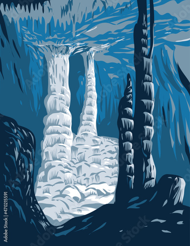 WPA poster art of Lewis and Clark Caverns State Park interior of limestone cave system located east of Whitehall Jefferson County Montana, United States USA done in works project administration style.