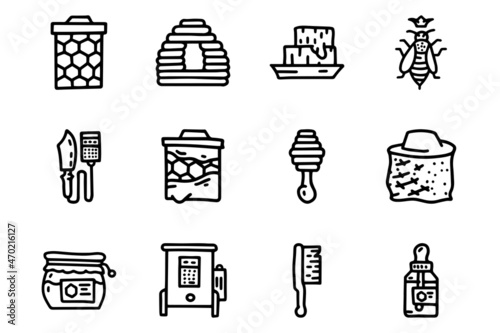 Beekeeping equipment line vector doodle simple icon set