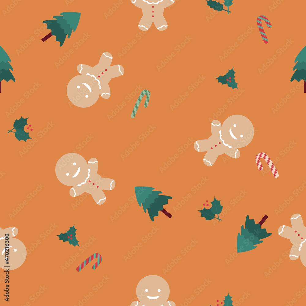 Illustrator vector of gingerbread man with christamas tree and candy wallpaper background