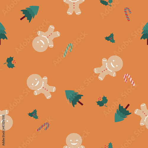 Illustrator vector of gingerbread man with christamas tree and candy wallpaper background