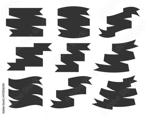 Ribbon icon stamp seal blank flag black flat set. Template news greetings letter. Festive curved element. Invitation signboard attribute discount clearance store site. Simple banner isolated on white
