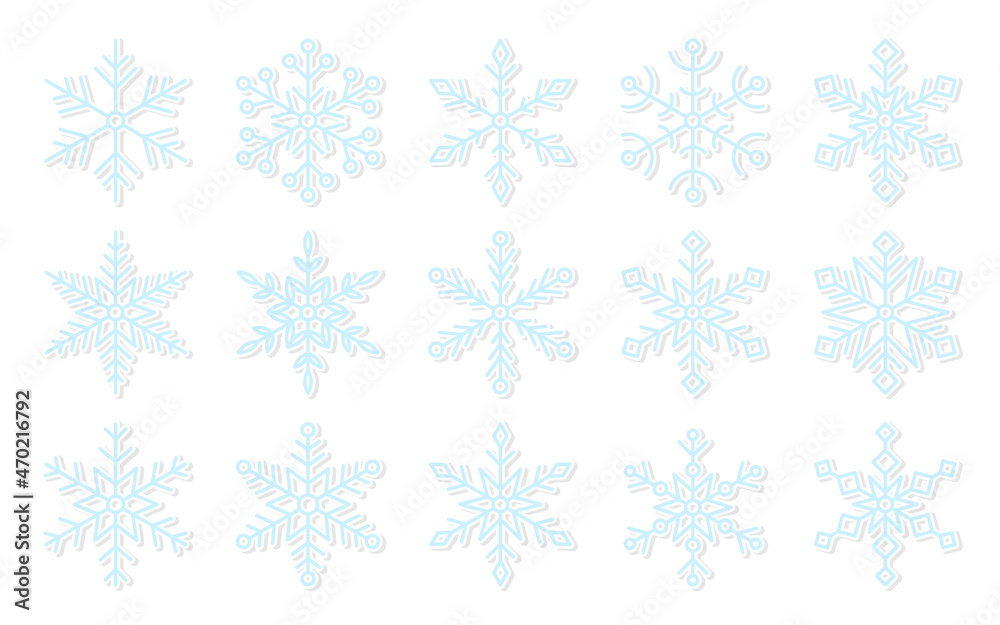 Snowflake paper cut xmas sticker blue flat set. Volumetric patch social network photo editor decor greeting card origami holiday element badge winter weather app icon party hexagonal snow isolated