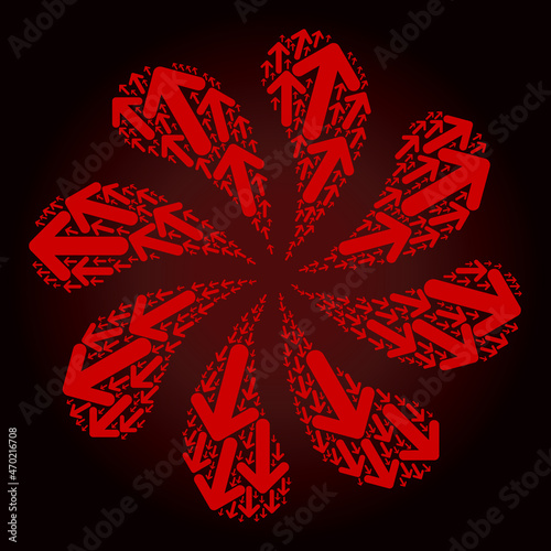 Red arrow send out icon exploding twist turbine salute composition on red dark gradient background. Flower burst done from red scattered arrow send out symbols.