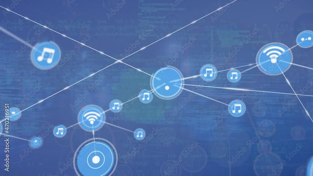 Animation of network of connections with icons on blue background Animation of network of connections with icons on blue background