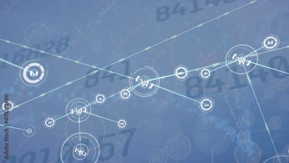 Animation of network of connections with icons over numbers on blue background Animation of network of connections with icons over numbers on blue background