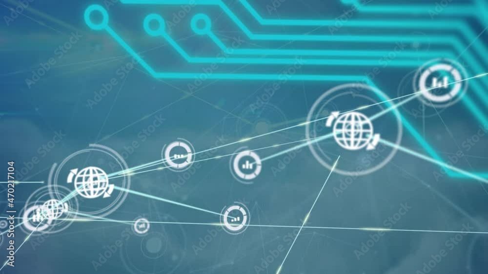 Animation of circuit board network of connections with digital icons Animation of circuit board network of connections with digital icons