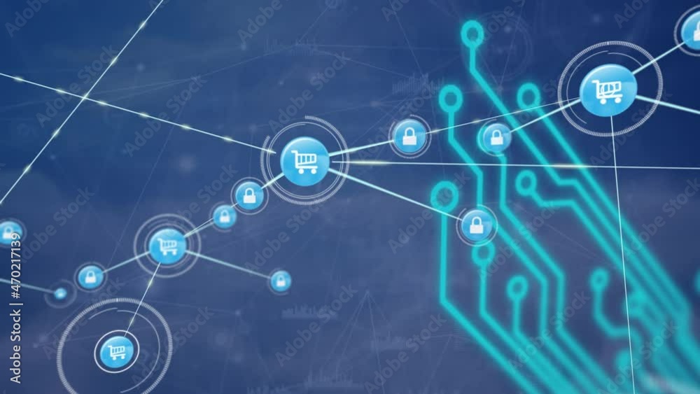 Animation of networks of shopping cart and people icons over motherboard on blue sky background Animation of networks of shopping cart and people icons over motherboard on blue sky background