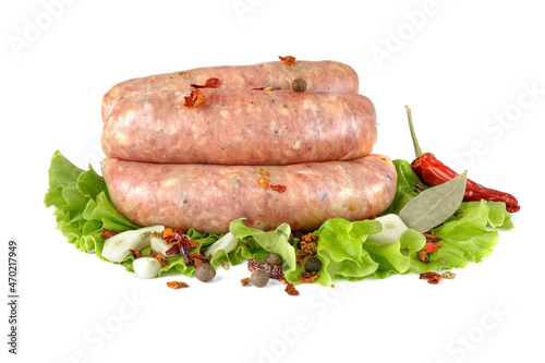 Raw pork sausages.Grilled sausages in close-up, isolated on a white background.Selective focus.