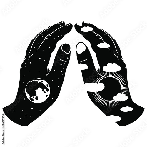 Two folded together human hands as starry night with full moon and sunny day. Creative concept. Balance of opposites. Black and white silhouette.