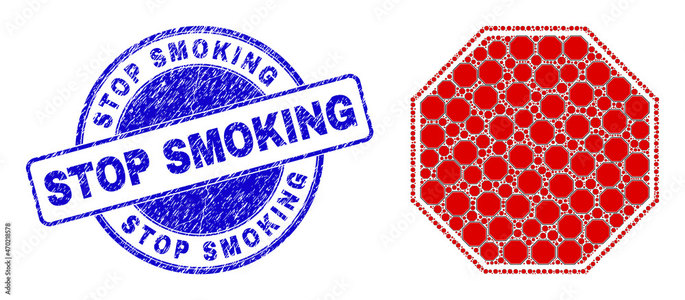 Obraz premium Vector stop octagon template icon composition is organized of scattered recursive stop octagon template elements. Stop Smoking grunge blue round seal print.