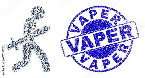 Vector sword gunman icon collage is done of randomized recursive sword gunman items. Vaper textured blue round stamp seal. Fractal composition of sword gunman icon.