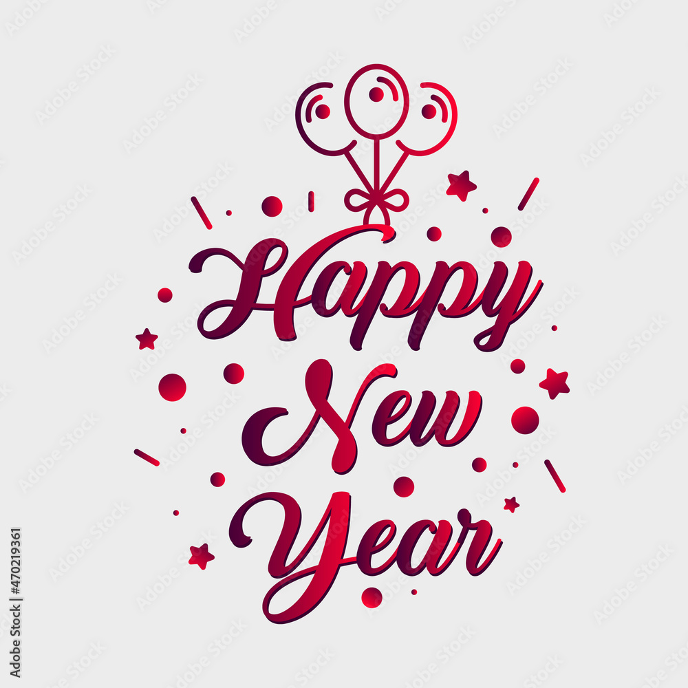 Happy new year lettering text celebration confetti and balloon, new year typography text design patten, vector illustration