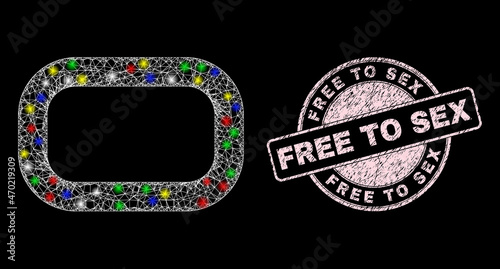 Glossy hatched network empty rounded rectangle icon with glitter effect on a black background, and Free to Sex corroded stamp seal. Pink stamp seal has Free to Sex tag inside circle shape.