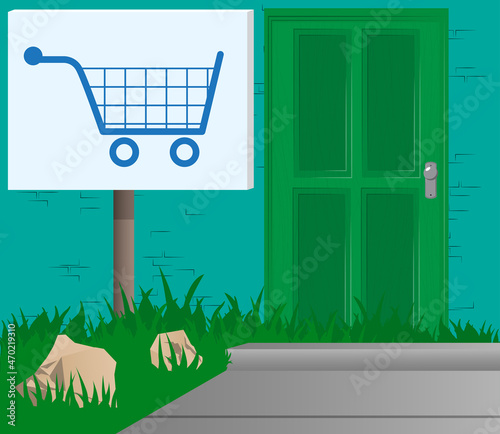 E-commerce icon, Shopping symbol with front door background. Bar, Cafe or drink establishment front with poster.