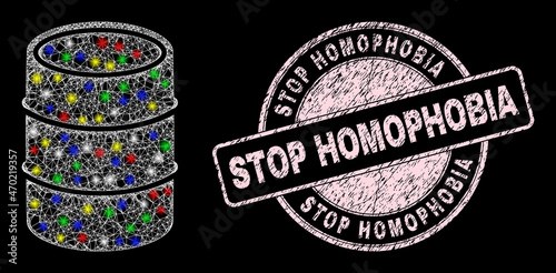 Glossy crossing network barrel icon with glitter effect on a black background with Stop Homophobia scratched seal print. Pink stamp seal includes Stop Homophobia title inside round form.