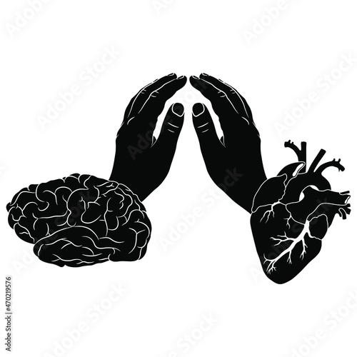 Balance of mind and emotions. Folded human hands between brain and heart. Creative concept. Black and white silhouette.