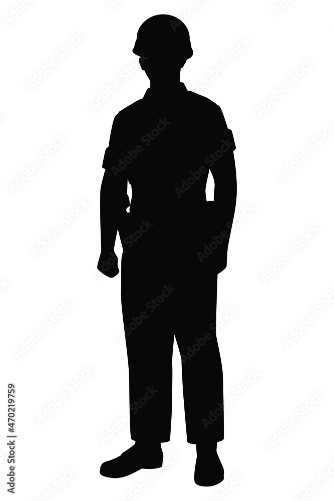 Military police officer silhouette vector on white background, standing soldier in army uniform.