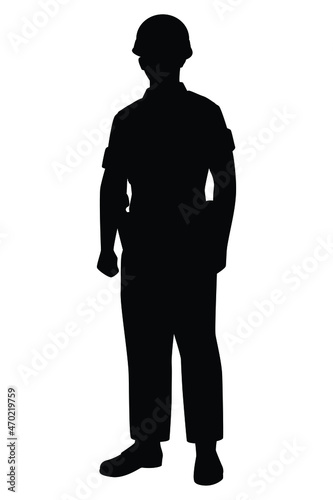 Military police officer silhouette vector on white background, standing soldier in army uniform.