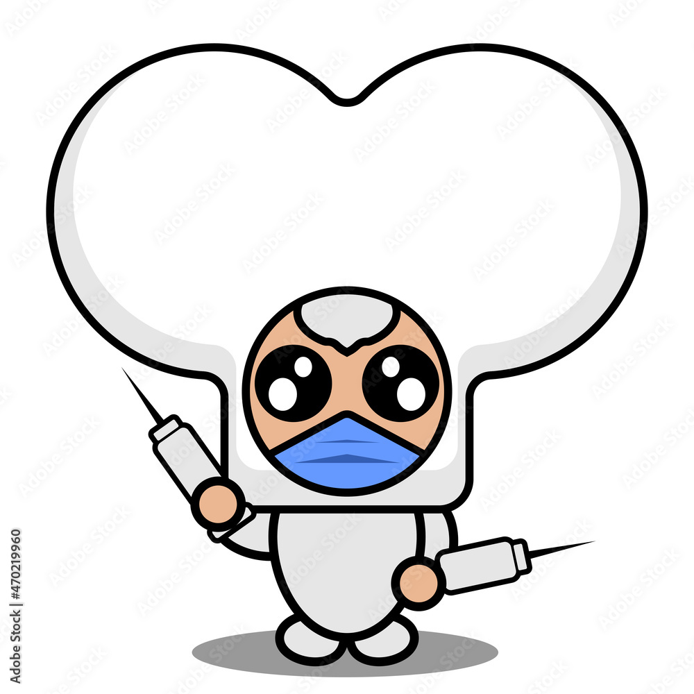 Obraz premium vector cartoon cute half bone mascot costume character wearing a mask and holding a syringe