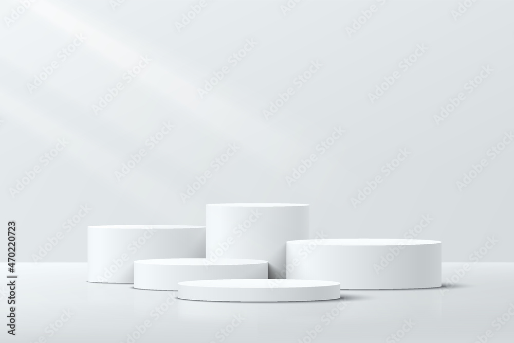 White realistic 3D cylinder steps pedestal podium set with shadow and lighting. Vector abstract studio room with geometric platform design. Gray minimal scene for products showcase, Promotion display. - obrazy, fototapety, plakaty 