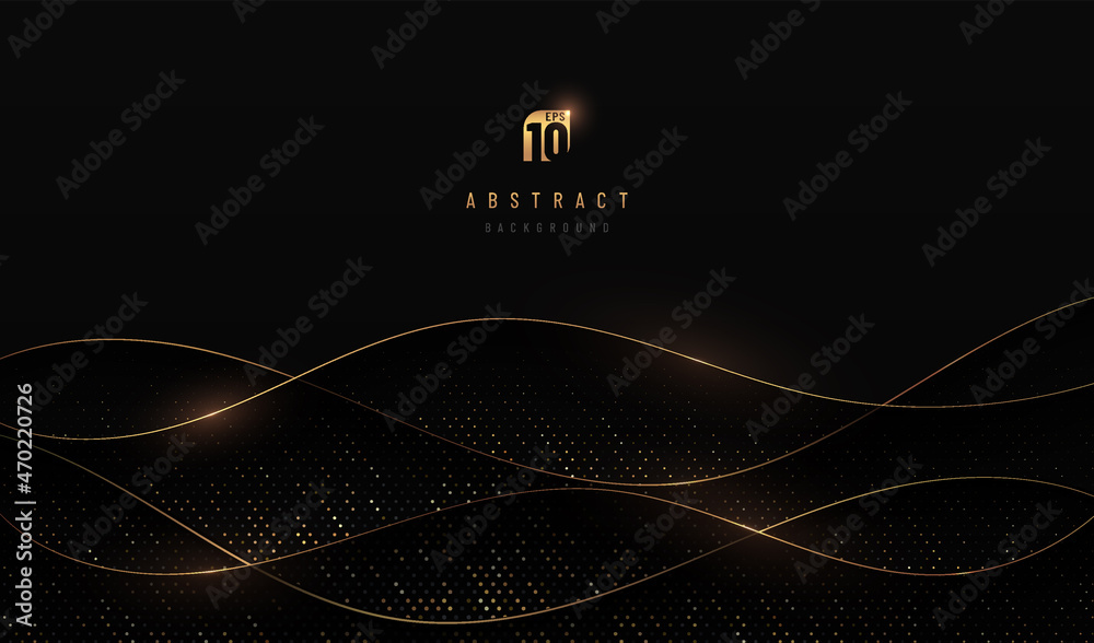 Abstract curve wavy layers overlapping on black background with golden light lines and glowing dots elements combinations. Luxury and elegant style. VIP invitation banner with copy space. Vector EPS10