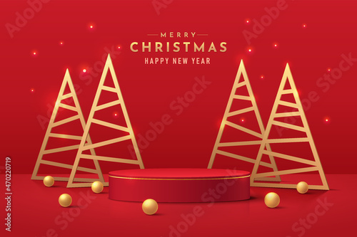 Red realistic 3d cylinder pedestal podium with golden triangle christmas tree and sphere balls. Minimal merry christmas scene for Promotion display, Product showcase. Vector abstract studio room.